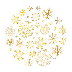Winter Christmas round card in doodle style. New Year, snow, holiday, frost, cold, snowflakes, Christmas trees, gifts
