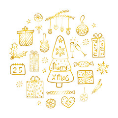 Winter Christmas round card in doodle style. New Year, snow, holiday, frost, cold, snowflakes, Christmas trees, gifts