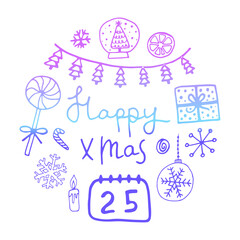 Winter Christmas round card in doodle style. New Year, snow, holiday, frost, cold, snowflakes, Christmas trees, gifts