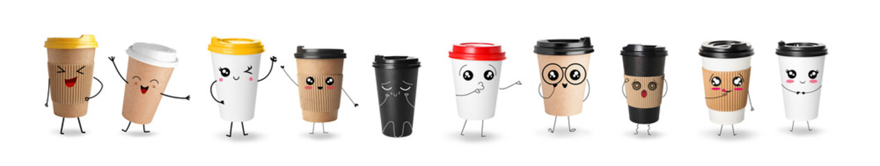 Set of cute takeaway coffee cups on white background