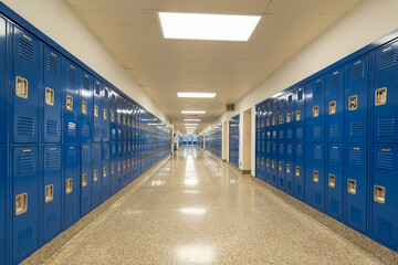 Empty school hallway with blue student lockers
 - Powered by Adobe
