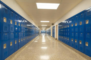 Empty school hallway with blue student lockers
