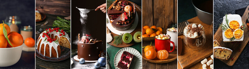 Collage of traditional Christmas desserts on dark background