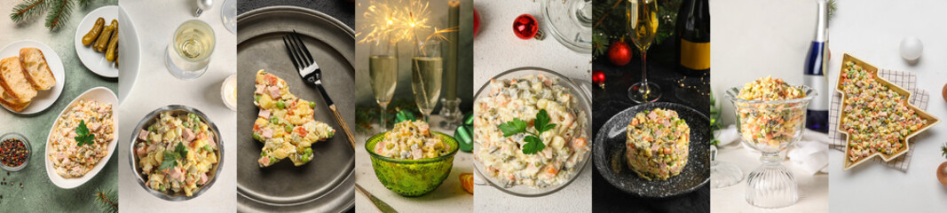 Collection of traditional Olivier salad on table