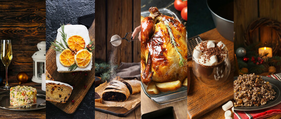 Collage of traditional Christmas dishes on dark background
