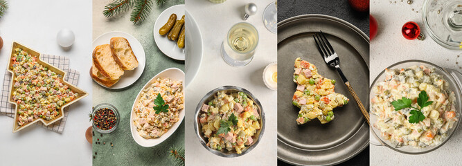 Collage of traditional Olivier salad on table, top view