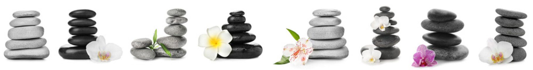 Set of spa stones and beautiful flowers isolated on white