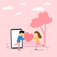 illustration man out of mobile phone screen giving heart surprise girl romantic valentine'days concept