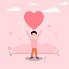 Vector illustration man show balloon heart with the lover smile stand in garden valentine's concept