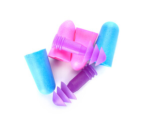 Different ear plugs isolated on white background