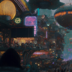 A Busy Futuristic Cityscape. [Digital Art Painting. Sci-Fi / Fantasy / Cyberpunk Background. Graphic Novel, Postcard, or Product Image]

