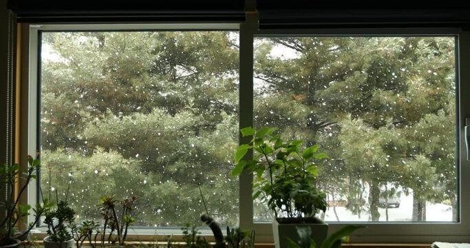 A lot of snow is falling through the window
