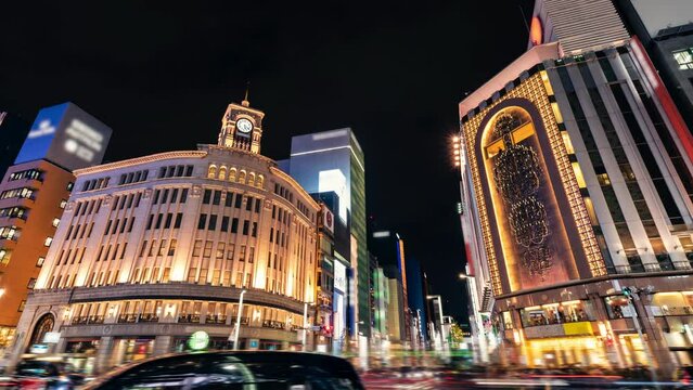ライトアップされた銀座四丁目の夜景・タイムラプス（2022年12月）