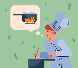 young man cooking with pot