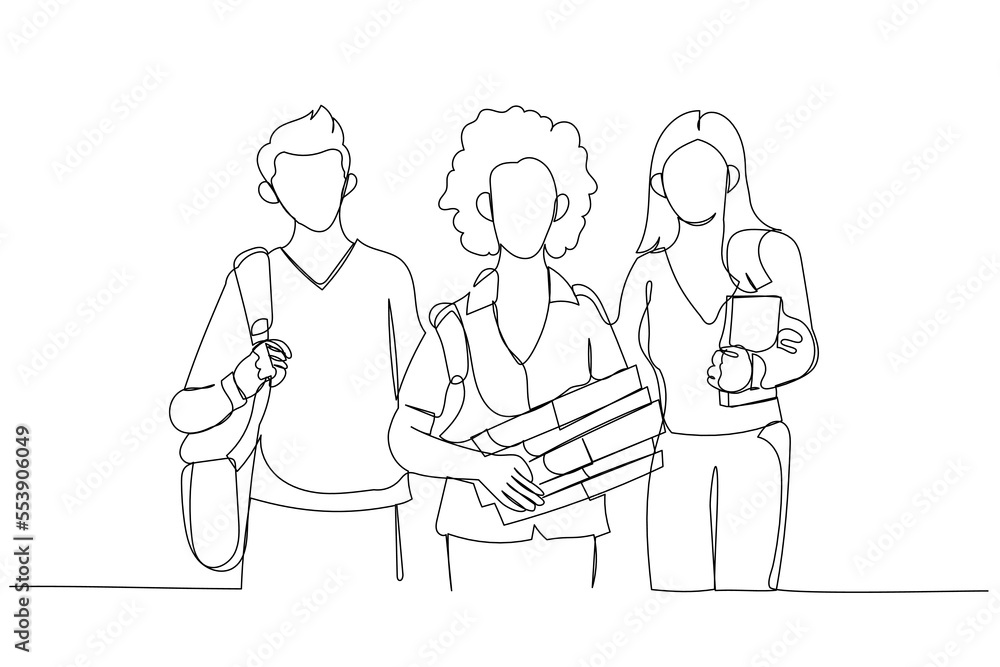 Wall mural cartoon of happy group of students holding notebooks outdoors. one line art style