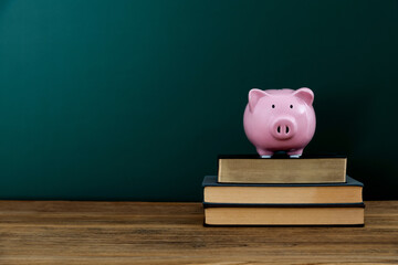 Pink piggy bank on top books in school