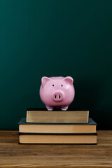 Pink piggy bank on top books in school