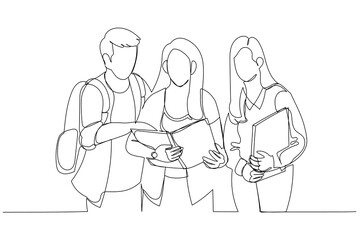 Illustration of three students learning reading a notebook and commenting in the street. Single line art style