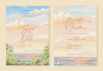 Set of Wedding Invitation with Watercolor Whimsical Sunset Sky and Sea - 553906239