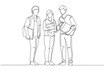 Cartoon of students friends standing together. One line art style
