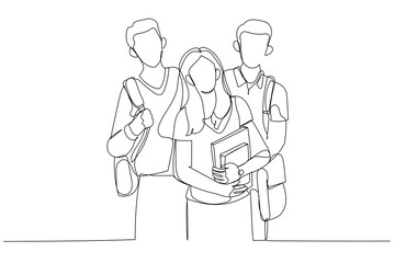Illustration of three happy students standing together with fun. Single line art style