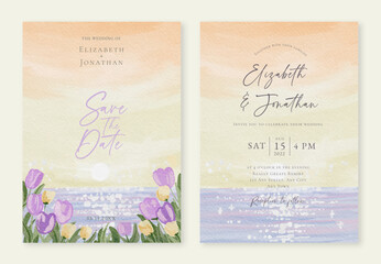 Set of Wedding Invitation with Watercolor Whimsical Sunset Sky and Tulip Flowers - 553906282