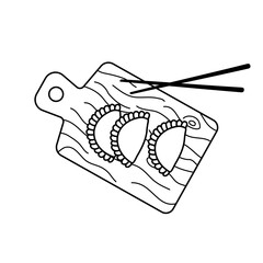 Dumplings on board icon. Food of Chinese, Japanese and Korean cuisine. Doodle vector illustration isolated on white