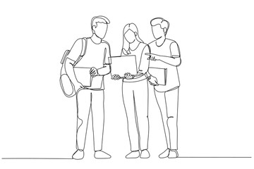 Drawing of portrait of young students with laptop discussing homework. Single continuous line art style