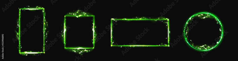 Poster electric lightning frames. rectangle, square and circle borders with green thunderbolt strikes and n