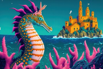 Colorful giant seahorse aquatic dragon creature in the ocean - mythical aquatic sea monster, cartoon stylized illustration art.