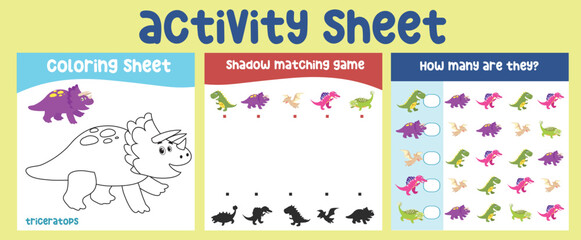 Bundle activity kit for toddlers with the prehistoric animal theme. Printable activity worksheet for children with cute Dinosaurs theme. Kawaii vector illustration dino. 