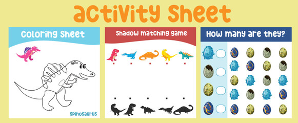 Bundle activity kit for toddlers with the prehistoric animal theme. Printable activity worksheet for children with cute Dinosaurs theme. Kawaii vector illustration dino. 