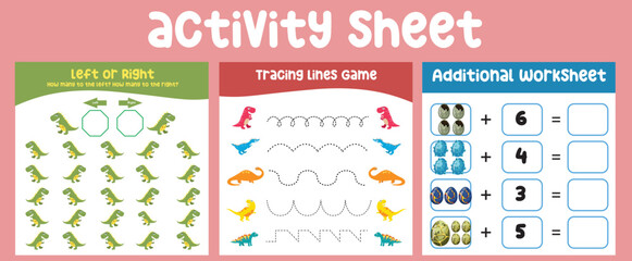 Naklejka premium Bundle activity kit for toddlers with the prehistoric animal theme. Printable activity worksheet for children with cute Dinosaurs theme. Kawaii vector illustration dino. 
