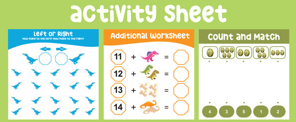 Naklejka premium Bundle activity kit for toddlers with the prehistoric animal theme. Printable activity worksheet for children with cute Dinosaurs theme. Kawaii vector illustration dino. 