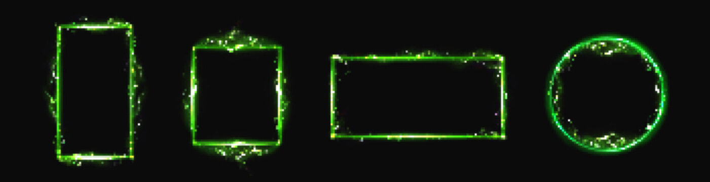 Electric lightning frames. Rectangle, square and circle borders with green thunderbolt strikes and neon glowing isolated on black background, vector realistic set