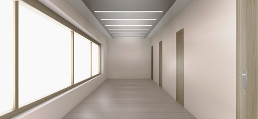 Hospital corridor interior with closed doors, windows and ceiling lamps. Empty hallway with beige walls in apartment house, hotel, school or clinic, vector realistic illustration - obrazy, fototapety, plakaty