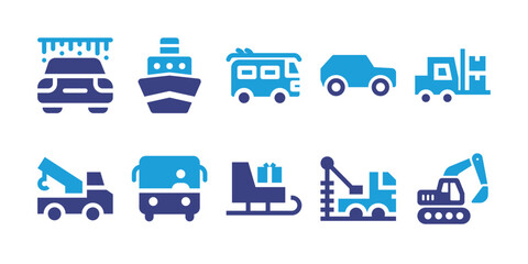 Transportation icon set. Vector illustration. Containing car wash, cruise, van, suv, pallet, tow truck, school bus, sleigh, well drilling truck, excavator