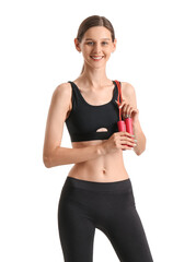 Sporty woman with skipping rope on white background