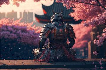 a lone samurai sitting under a whistling pink sakura art - obrazy, fototapety, plakaty