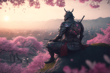 a lone samurai sitting under a whistling pink sakura art - obrazy, fototapety, plakaty