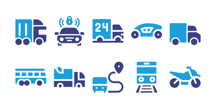 Transportation Icon Set. Vector Illustration. Containing Truck, Anti Theft System, Delivery Truck, Futuristic, Bus, Route, Train, Motorbike