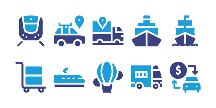 Transportation icon set. Vector illustration. Containing train, location, delivery truck, boat, ship, transportation, public transport, transport, prisoner transport vehicle, car sharing