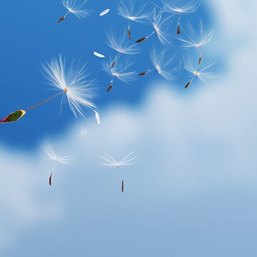 Dandelion seeds flying across on the blue sky. Generative AI