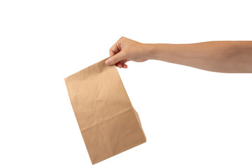 Hand and brown paper bags on transparent background.