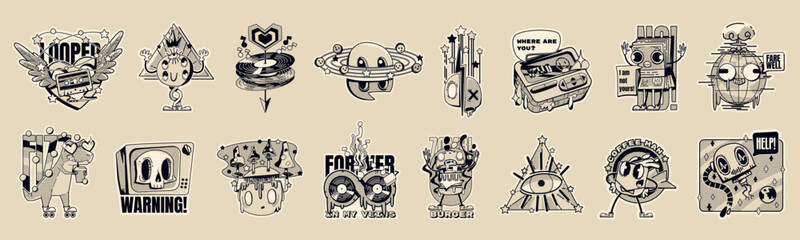 Y2k monochrome stickers retro rave psychedelic patches pack. Trippy mushrooms, robot, skull, burger monster and skating dinosaur. Vintage tape, money, pager and vinyl disks, Cartoon vector icons set © klyaksun