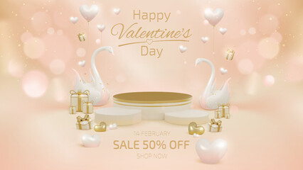 Product display stand with 3d swan love couple elements and gold heart with gift box and pink balloons with ribbon and light effect decoration and bokeh. Valentine's day banner sign. © witsanu