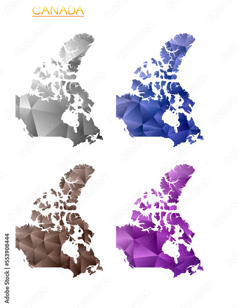 Poster set of vector polygonal maps of canada. bright gradient map of the country in low poly style. multic