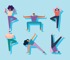 six young persons practicing yoga