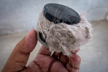 Household vacuum cleaner filter clogging up with dust, mite, hair, and animal fur after an...
