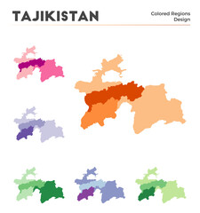 Tajikistan map collection. Borders of Tajikistan for your infographic. Colored country regions. Vector illustration.